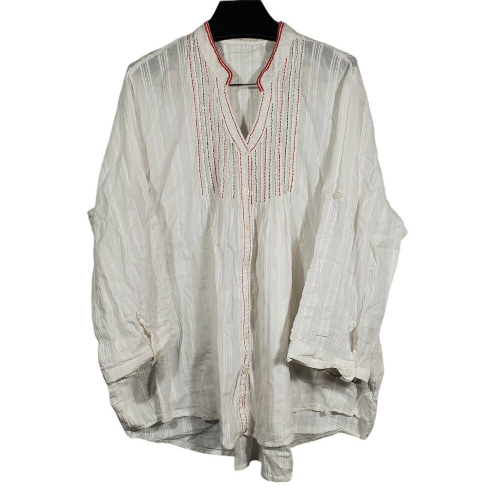 Roamans Button Tunic Top 24W Embroidered Seersucker Roll-Tab V-Neck 3/4 Sleeve